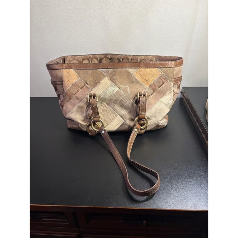 Coach Patchwork Tote Signature Suede Leather Shoulder Bag Brass Hardware - Picture 5 of 5